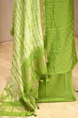 Green Semi Silk Unstitched Suit Set with Zari Butis
