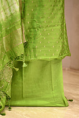 Green Semi Silk Unstitched Suit Set with Zari Butis