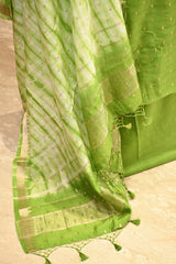 Green Semi Silk Unstitched Suit Set with Zari Butis