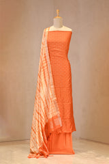 Orange Italian Silk Unstitched Suit Set with Zari Butis