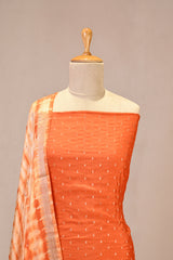 Orange Italian Silk Unstitched Suit Set with Zari Butis