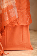 Orange Italian Silk Unstitched Suit Set with Zari Butis