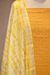 Yellow Semi Silk Unstitched Suit Set with Zari Butis