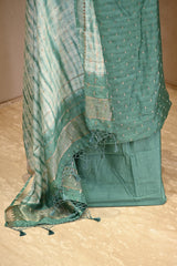 Pine Green Semi Silk Unstitched Suit Set with Zari Butis