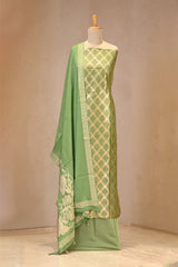 Green Semi Tissue Silk Unstitched Suit Set with Gold Zari Jaal