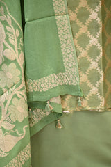 Green Semi Tissue Silk Unstitched Suit Set with Gold Zari Jaal