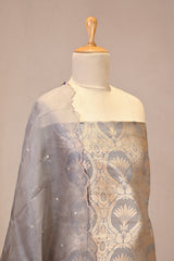 Grey Banarasi Katan Silk Unstitched Suit Set with Watergold Zari Jaal