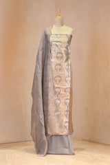 Grey Banarasi Katan Silk Unstitched Suit Set with Watergold Zari Jaal