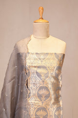 Grey Banarasi Katan Silk Unstitched Suit Set with Watergold Zari Jaal