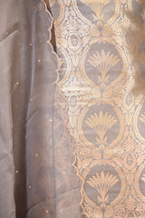Grey Banarasi Katan Silk Unstitched Suit Set with Watergold Zari Jaal