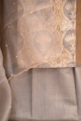 Grey Banarasi Katan Silk Unstitched Suit Set with Watergold Zari Jaal
