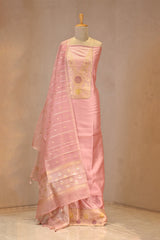 Baby Pink Katan Silk Three Piece Suit Set with Zari Neckline