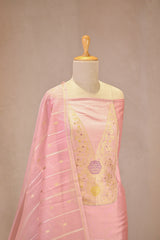 Baby Pink Katan Silk Three Piece Suit Set with Zari Neckline
