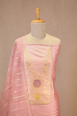 Baby Pink Katan Silk Three Piece Suit Set with Zari Neckline