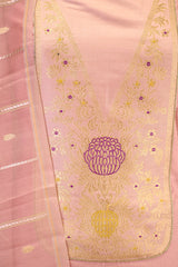 Baby Pink Katan Silk Three Piece Suit Set with Zari Neckline