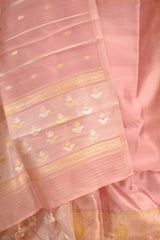 Baby Pink Katan Silk Three Piece Suit Set with Zari Neckline