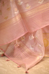 Baby Pink Katan Silk Three Piece Suit Set with Zari Neckline
