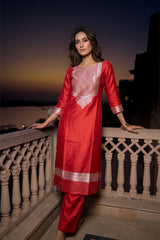 Red Banarasi Silk Suit Set with Silver Zari Weaving