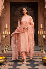 Peach Katan Silk Three Piece Suit Set with Zari Diamont Motifs