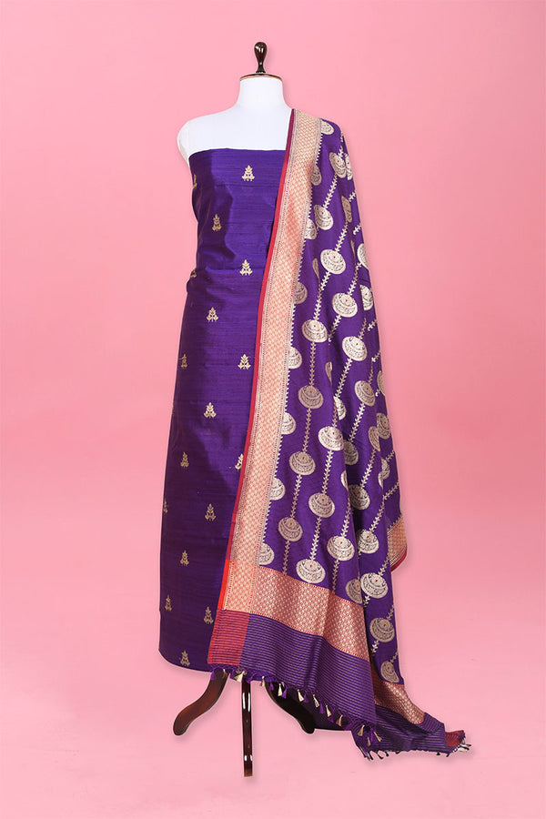 Purple Kadhwa Weave Raw Silk Suit Set At Chinaya Banaras