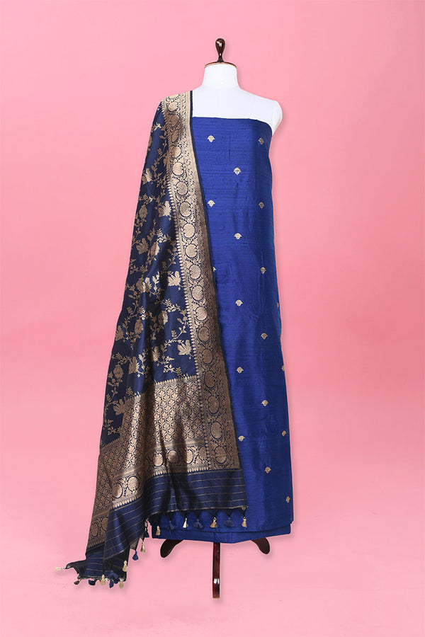 Blue Kadhwa Weave Raw Silk Suit Set At Chinaya Banaras