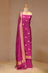 Magenta Katan Silk Three Piece Suit Set with Gold Zari Buta