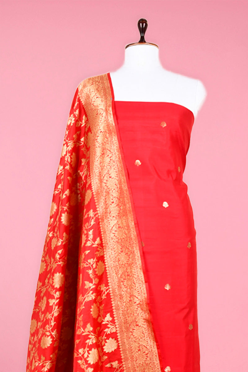 Bright Red Handwoven Chiniya Silk Dress Material