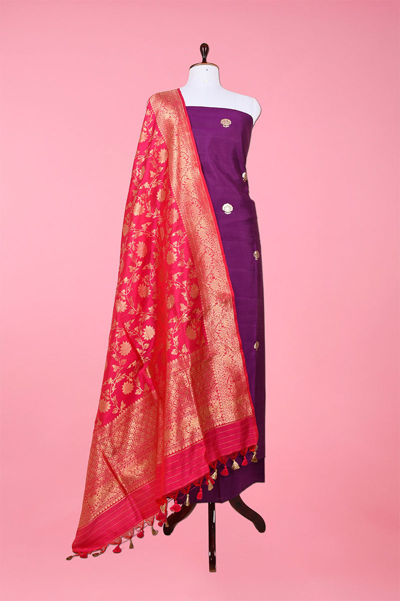 Purple & Pink Handwoven Chiniya Silk Suit Set At Chinaya Banaras
