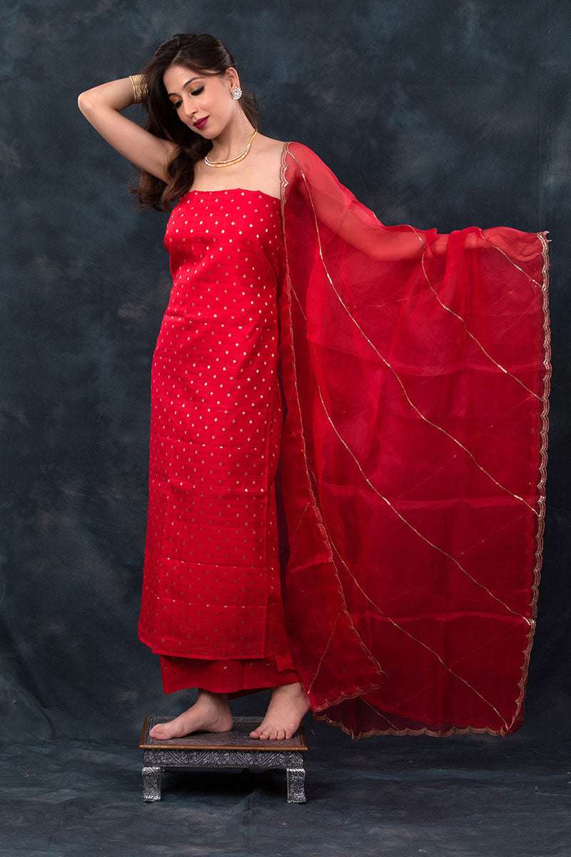 Blooming Red Handwoven Chiniya Silk Co-ord Dress Material