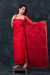 Blooming Red Handwoven Chiniya Silk Co-ord Dress Material