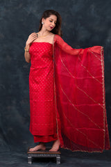 Blooming Red Handwoven Chiniya Silk Co-ord Dress Material - Chinaya Banaras