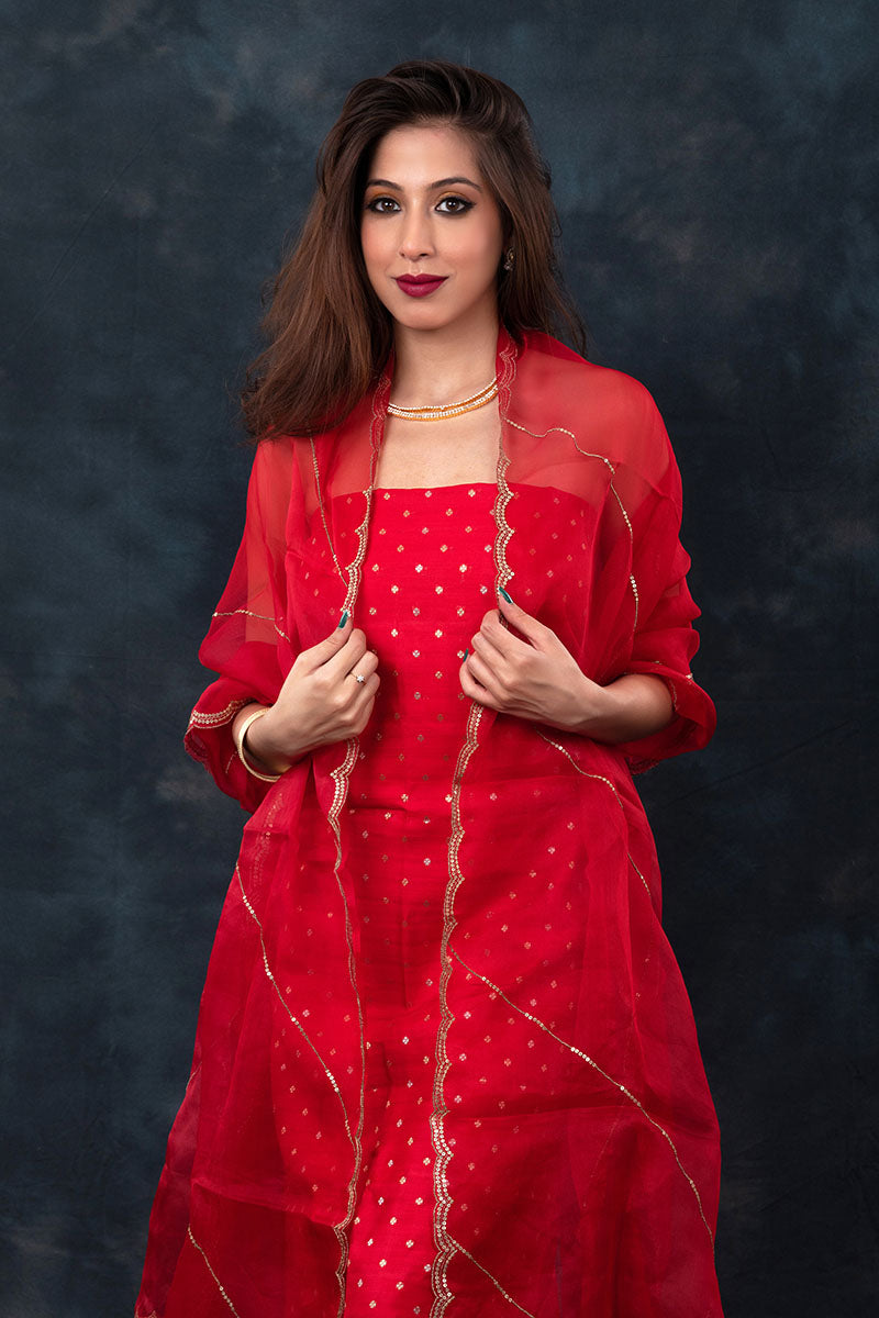 Blooming Red Handwoven Chiniya Silk Co-ord Dress Material – Chinaya Banaras