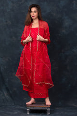 Blooming Red Handwoven Chiniya Silk Co-ord Dress Material