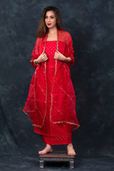 Blooming Red Handwoven Chiniya Silk Co-ord Dress Material - Chinaya Banaras