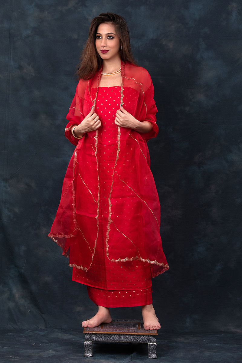 Blooming Red Handwoven Chiniya Silk Co-ord Dress Material - Chinaya Banaras