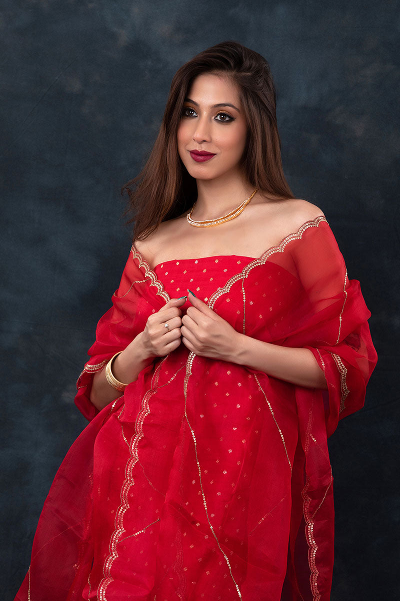 Blooming Red Handwoven Chiniya Silk Co-ord Dress Material
