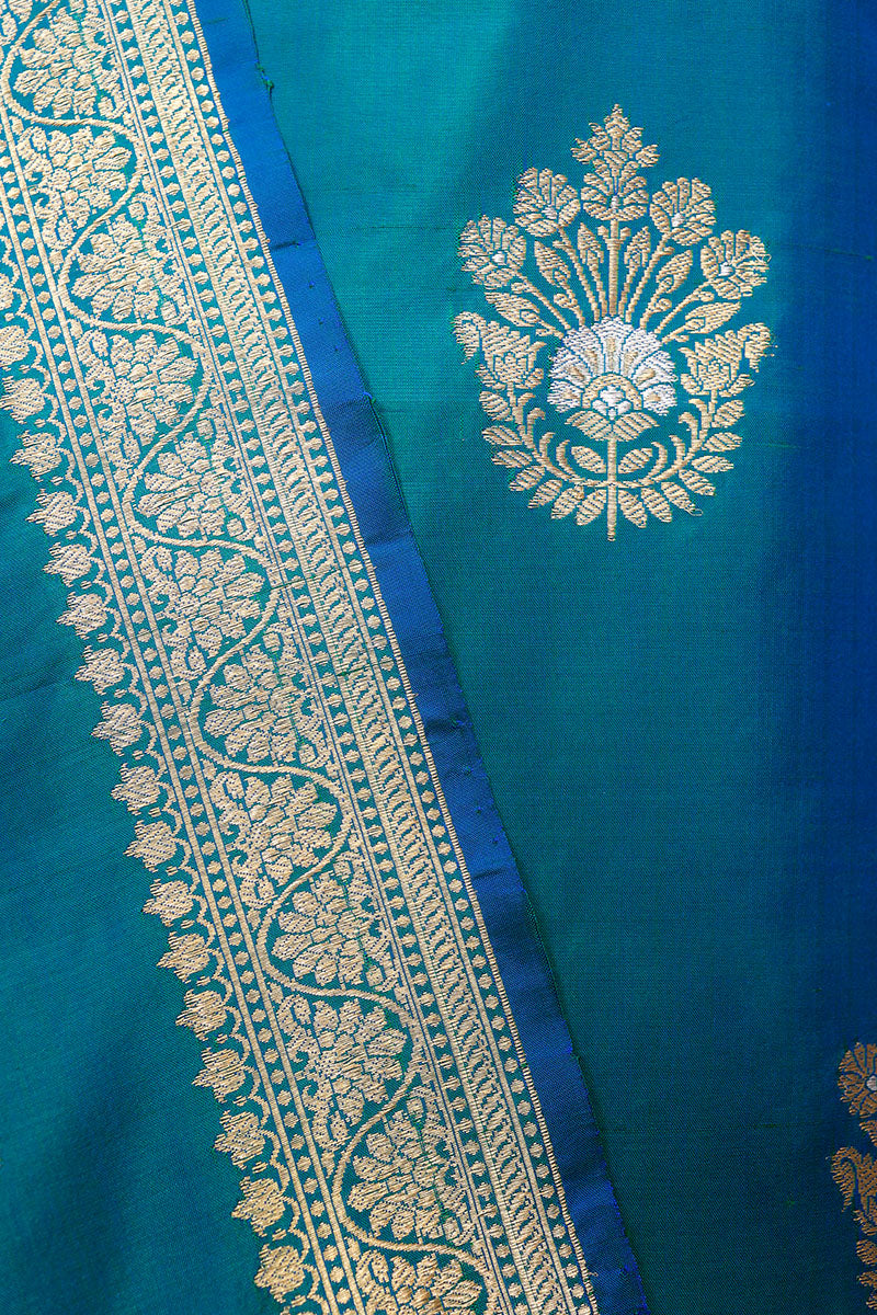 Cobalt Blue Handwoven Banarasi Silk Dress Material at Chinaya