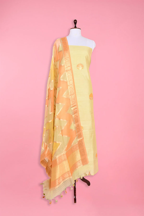 Lime Yellow Handwoven Chiniya Silk Dress Material  By Chinaya Banaras 