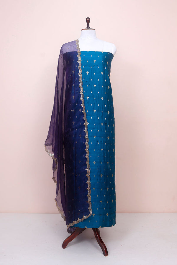 Cobalt Blue Handwoven Chiniya Silk Co-ord Dress Material at Chinaya