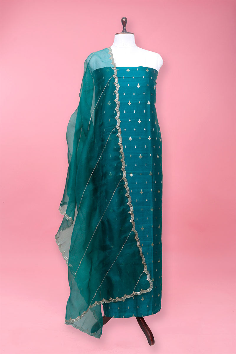 Green Handwoven Chiniya Silk Suit Set At Chinaya Banaras