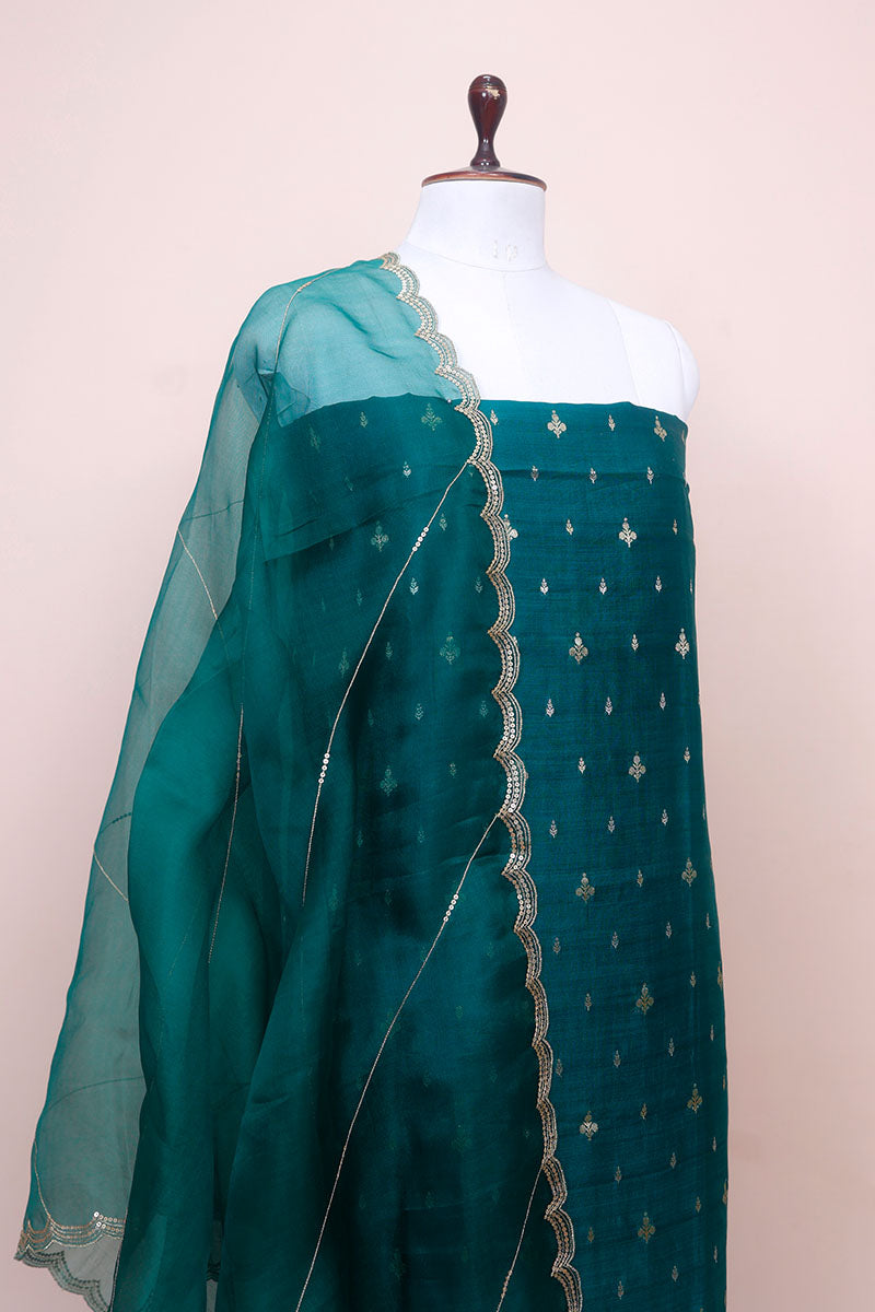 Pine Green Handwoven Chiniya Silk Co-ord Dress Material at Chinaya