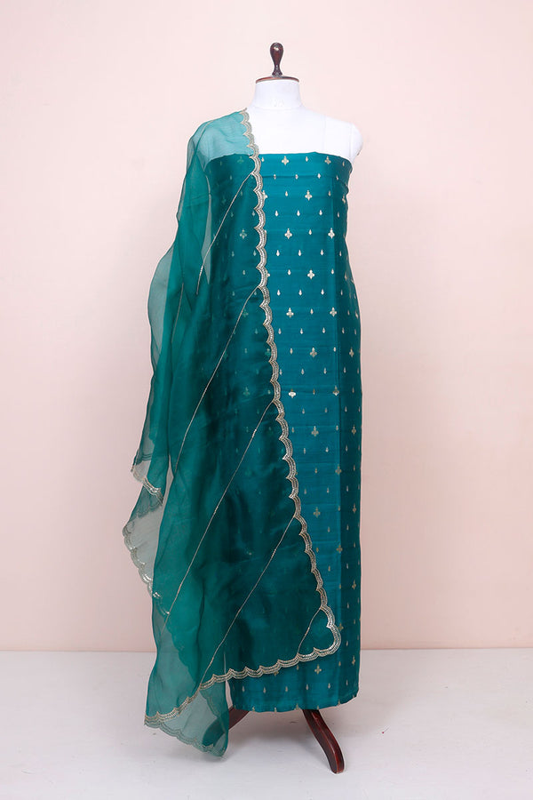Pine Green Handwoven Chiniya Silk Co-ord Dress Material at Chinaya