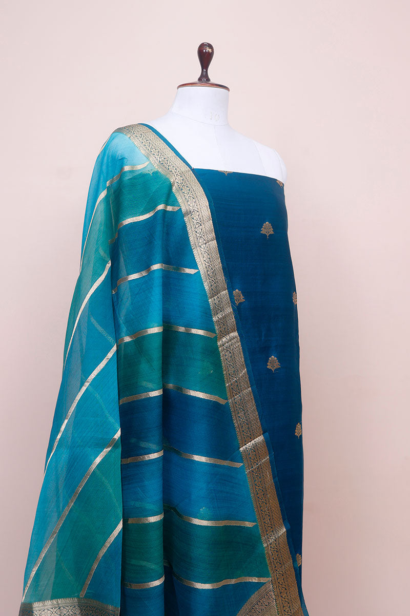 Sapphire Blue Handwoven Chiniya Silk Dress Material at Chinaya