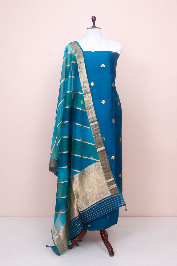 Sapphire Blue Handwoven Chiniya Silk Dress Material at Chinaya