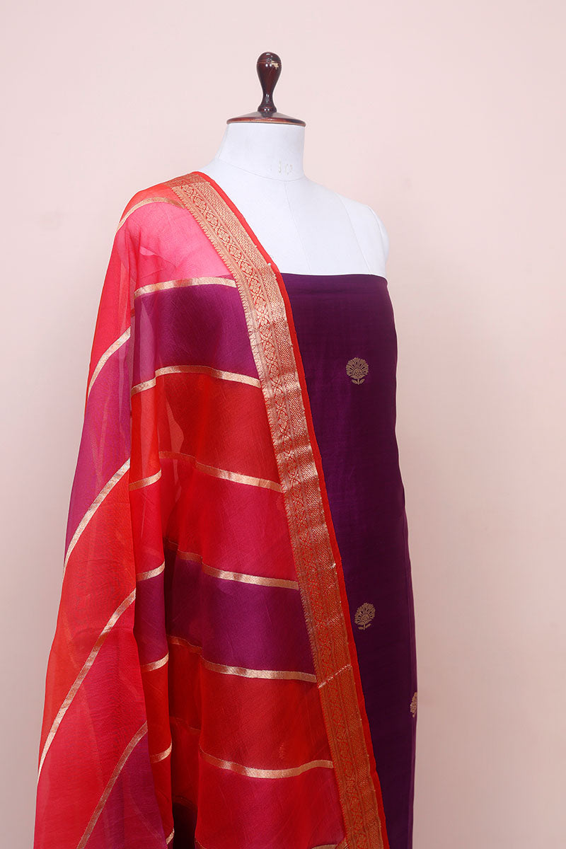Deep Purple Handwoven Chiniya Silk Co-ord  Dress Material at Chinaya