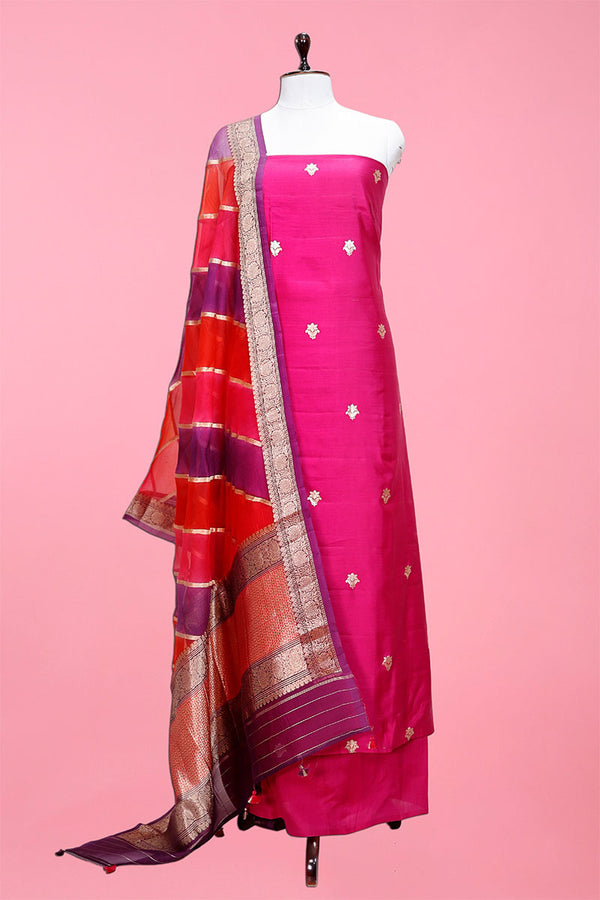 Pink Handwoven Chiniya Silk Suit Set At Chinaya Banaras