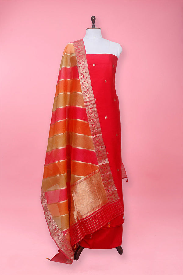 Scarlet Red Handwoven Chiniya Silk Co-ord Dress Material