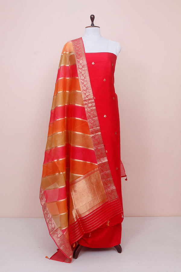 Scarlet Red Handwoven Chiniya Silk Co-ord Dress Material at Chinaya Banaras