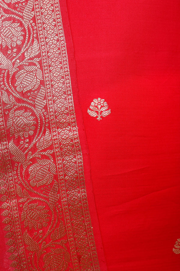Scarlet Red Handwoven Chiniya Silk Co-ord Dress Material at Chinaya Banaras