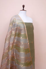 Olive Green Handwoven Chiniya Silk Co-ord Dress Material at Chinaya